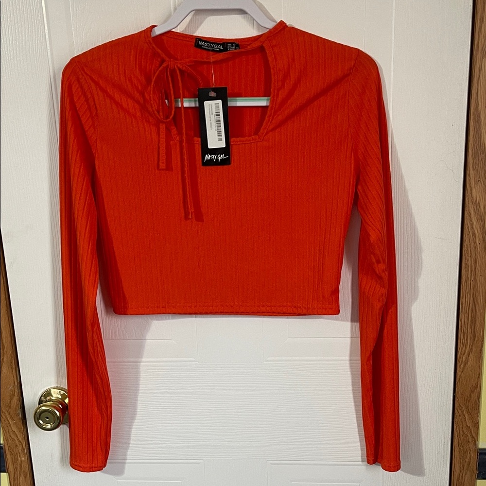Nasty Gal Red Ribbed Crop Top with Tie Detail